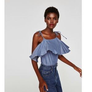 ZARA Blue Ruffle Chambray Bodysuit